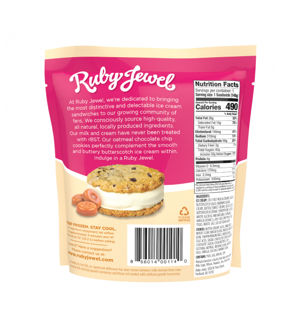 Ruby Jewel - Oatmeal Butterscotch Ice Cream Sandwich 5.25 oz (10 count) back nutrition panel