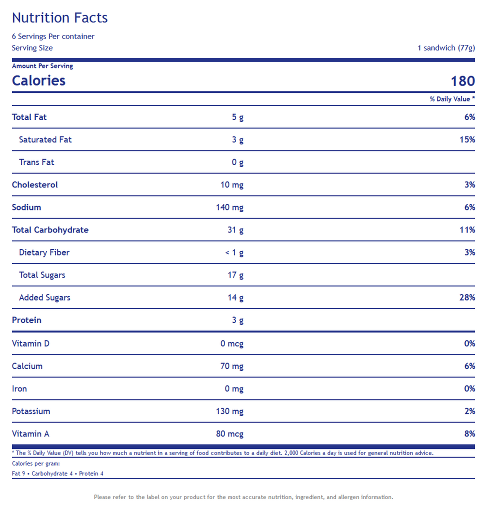 Klondike, Original Vanilla Sandwich, 4.23 oz. (6 Count) nutrition panel