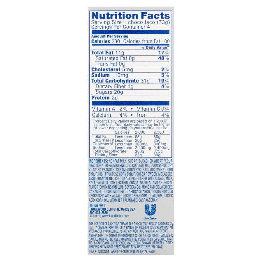 Klondike Choco Taco (Case of 24) nutrition panel