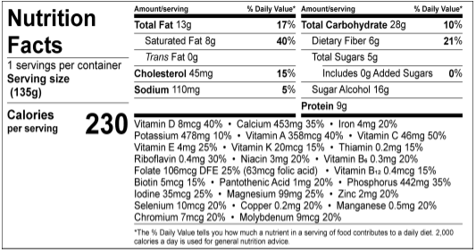 Thrive Ice Cream - NSA Creamy Vanilla - 6 oz Cup (case of 24) nutrition panel